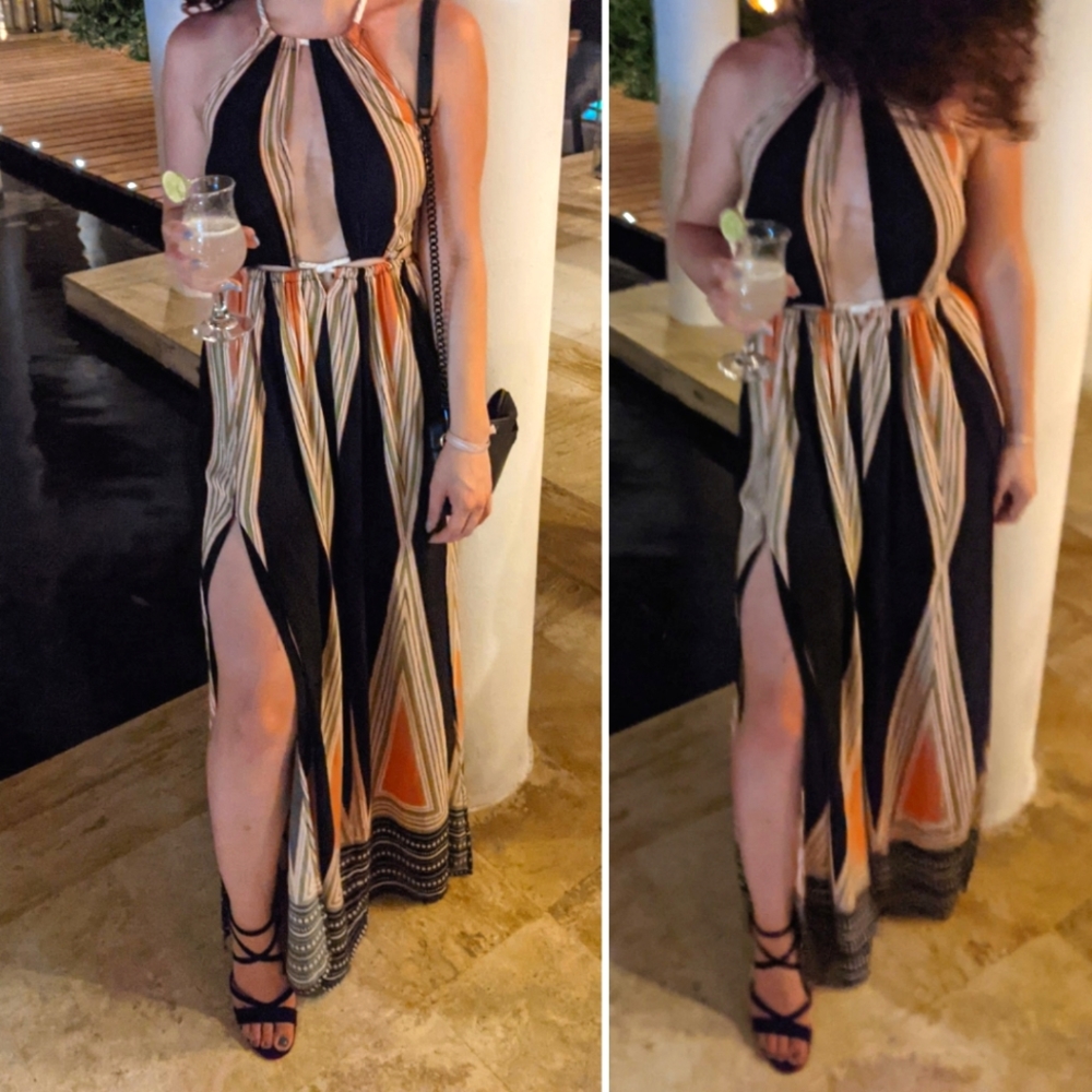 Selfie Leslie Cutout Geometric Patterned Peekaboo Keyhole Maxi Dress M